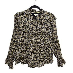 Boden Zoe Frill Detail Long Sleeve Floral Print Blouse Size US16-18 Black Yellow